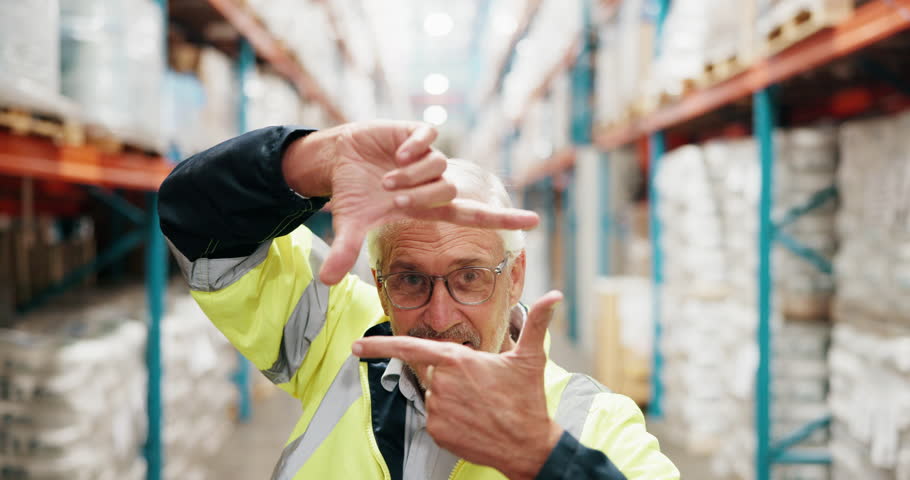 Face, hands and frame with man in warehouse, funny and capture with distribution, logistics and humor. Portrait, person and inspector with commitment to quality assurance, ecommerce and supply chain