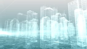 The video features a futuristic digital cityscape in a loop, with glowing skyscrapers, neon lights, and data streams, evoking a high-tech, cyber environment. - Powered by Shutterstock - Get 15% off with code: PIKWIZARD15