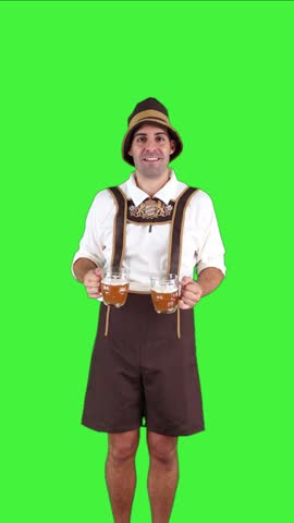 vertical young Bavarian man in traditional Oktoberfest attire is toasting towards the camera with two beer glasses while winking jovially. His playful gesture captures the fun and festive atmosphere