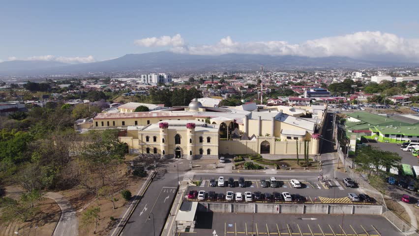 Aerial view of the Costa Rican Center of Science and Culture museum in San Jose. Orbit Motion Shot