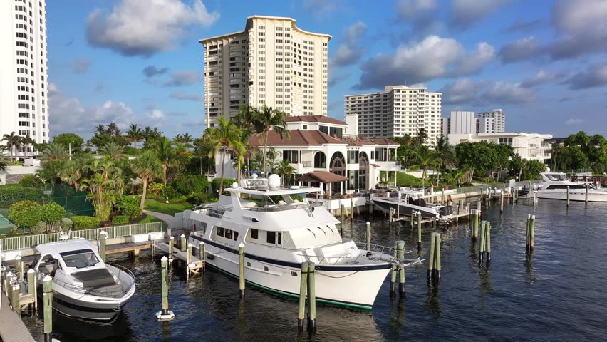 Yacht docked by luxury waterfront mansion in Florida. High-rise buildings and palm trees in the background. Aerial.