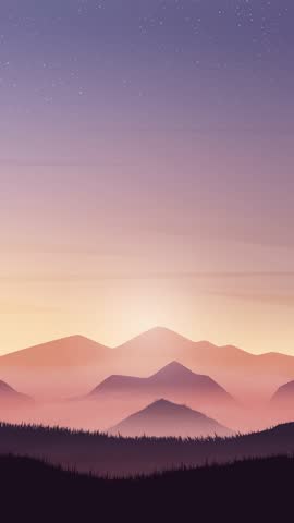 Misty mountains with sunset and starry sky illustration abstract background vertical looping animation