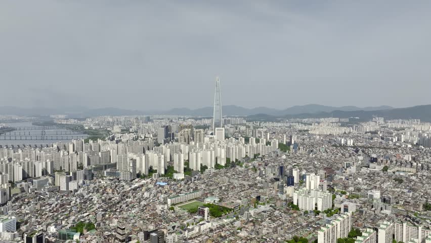 Drone View of Seoul city in South Korea, gangnam financial district, Summer 60fps