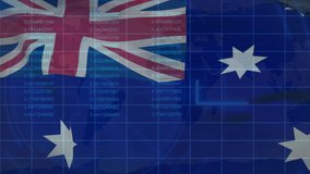 Australian flag with financial data processing animation over blue grid background. Finance, business, investment, economy, technology - Powered by Shutterstock - Get 15% off with code: PIKWIZARD15