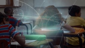 Students writing in classroom with futuristic data processing animation over them. Education, technology, innovation, learning, studying, analysis - Powered by Shutterstock - Get 15% off with code: PIKWIZARD15