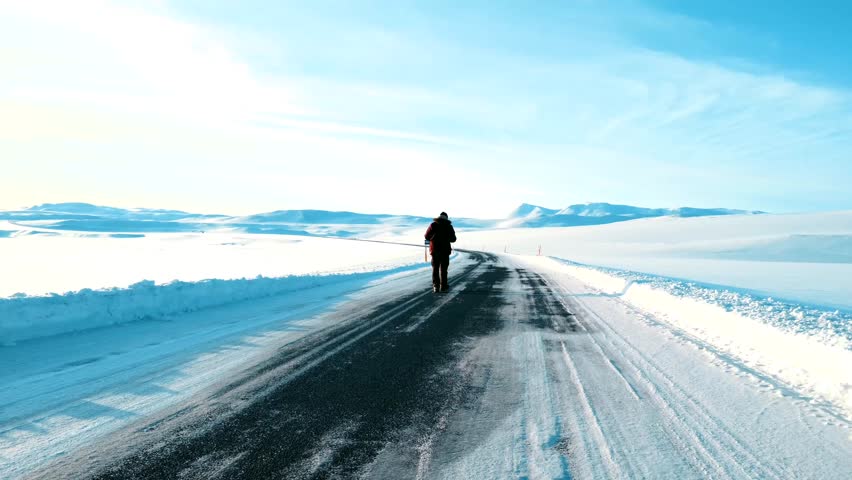 A young man walking on the frozen and snowy road in the cold winter of Iceland.
