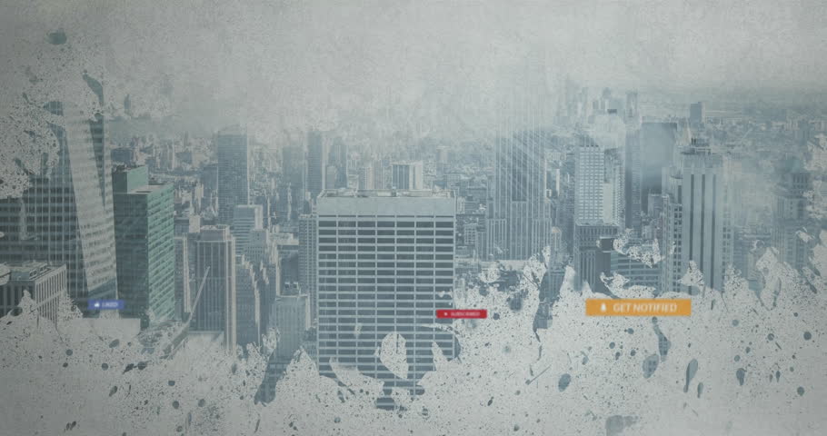 Social media notifications appearing animation over cityscape background. technology, digital, communication, urban, online, internet