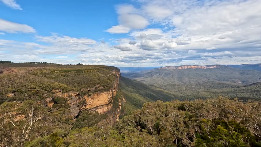 Landscape Nature Blue Mountains National Park of Katoomba , New South Wales, Australia, on the north escarpment of the Jamison Valley - Stable Footage Nature Track in National Park Travel Sydney