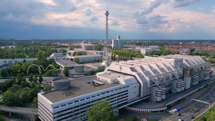 Berlin Funkturm skyline, exhibition tower. Perfect aerial view flight drone