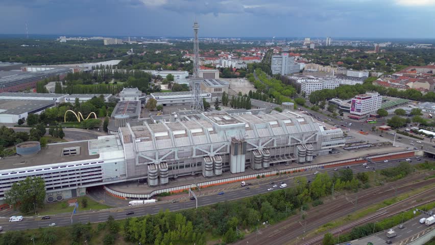 Berlin skyline, radio tower, exhibition grounds. Fabulous aerial view drone