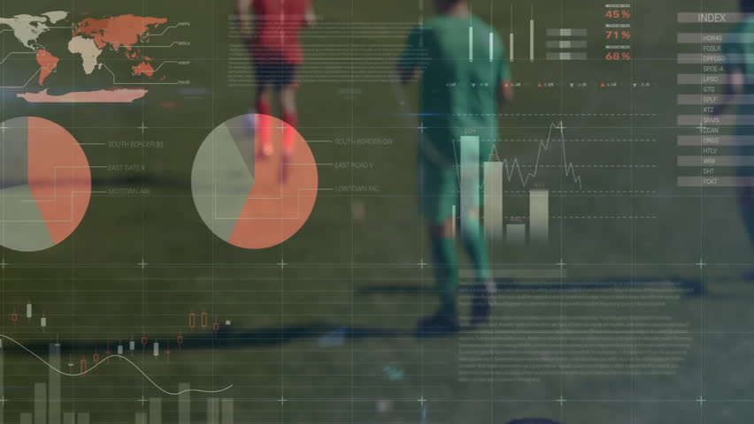Global statistics and data analysis animation over soccer players on field. Analytics, sports, progress, performance, strategy - Powered by Shutterstock - Get 15% off with code: PIKWIZARD15