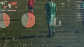 Global statistics and data analysis animation over soccer players on field. Analytics, sports, progress, performance, strategy - Powered by Shutterstock - Get 15% off with code: PIKWIZARD15