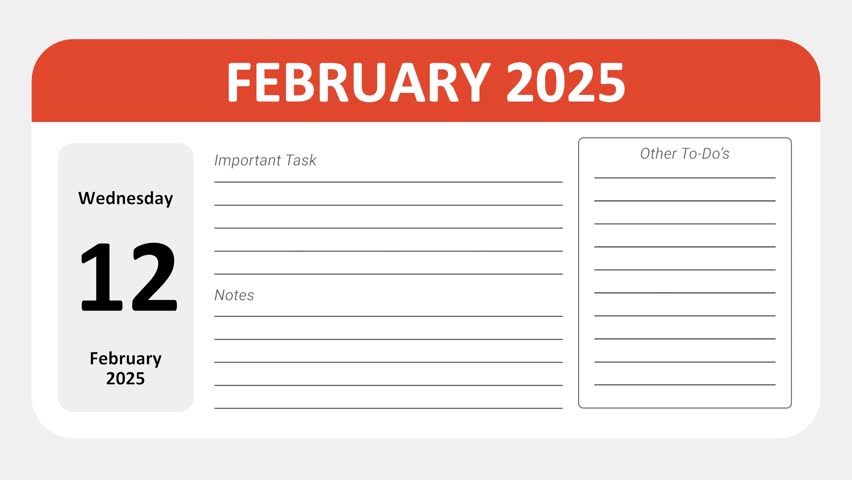 February 12, 2025: Animated 2025 planner showcasing February calendar, highlighting February 12th with space for tasks, notes, and to-do lists.