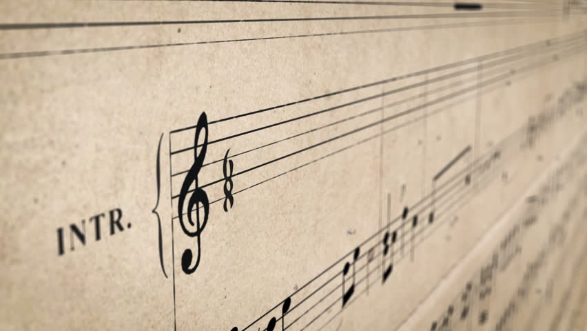 Notes on staves gradually appear on music score paper in animation, depth of field, concept background for musical content