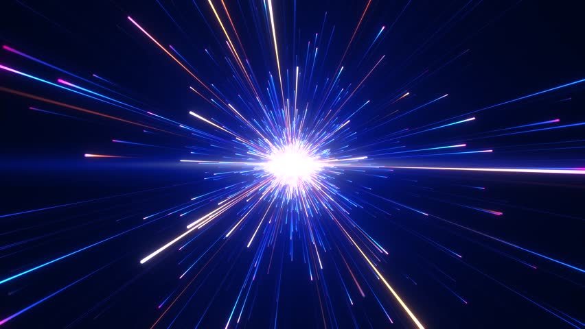 Bright radial light beams. Abstract background in blue and orange neon glow color. Light burst in universe. Space background for event, party, carnival, celebration, anniversary or. 3D Illustration