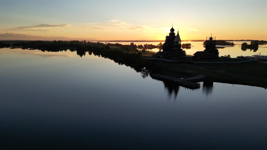 The beautiful wooden Kizhi church complex is located on an island in Lake Onega