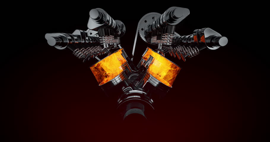 High Performance V8 Car Engine In Motion. Pistons And Crankshaft Moving. Industry Related High Quality 3D 4K Animation.
