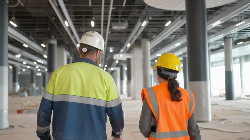 Two male female engineers businessman walking Inspecting manufacturing factory building construction site, Discussion drawing blueprint. Technician worker foreman inspector and builder architects