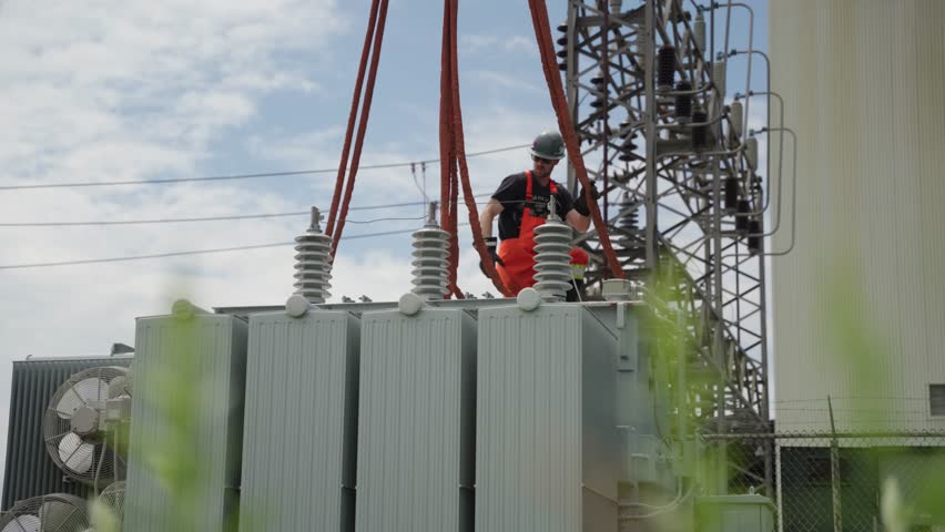 A construction working is tying the ropes hanging from a crane onto the corners of a transformer so it can be carried. Sunny and cloudy day