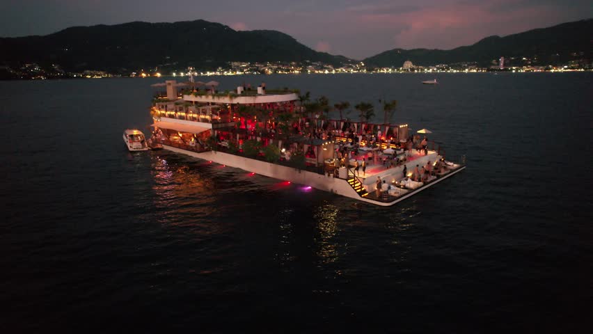 Aerial view of floating beach club in Phuket, Thailand