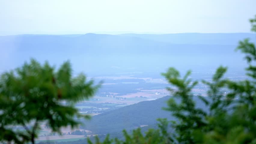 Static zoomed shot captures foreground leaves softly swaying in breeze, framing panoramic view of distant farmlands and hills. Contrast between close foliage and far-off landscape creates depth.