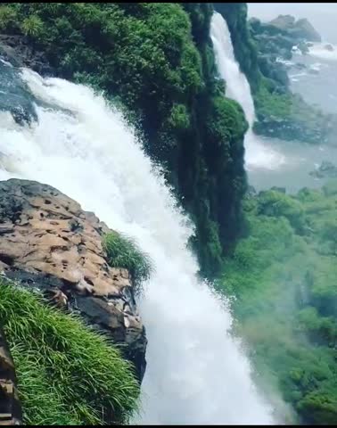 Iguazu Falls Aerial View with Waterfall, Rainbow, and Flying Birds in Brazil and Argentina