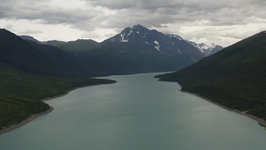 Panoramic view of Eklutna Lake in Chugach State Park near Anchorage, Alaska - 4K Drone