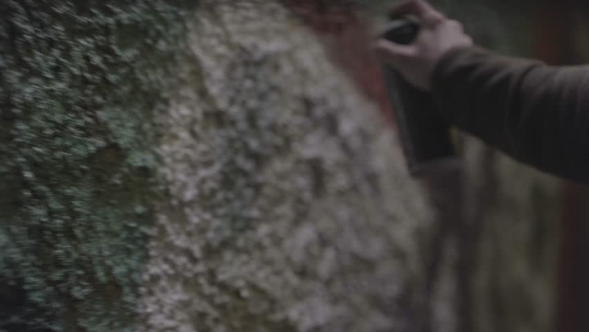 Hand holding spray can painting graffiti on wall at night, close-up