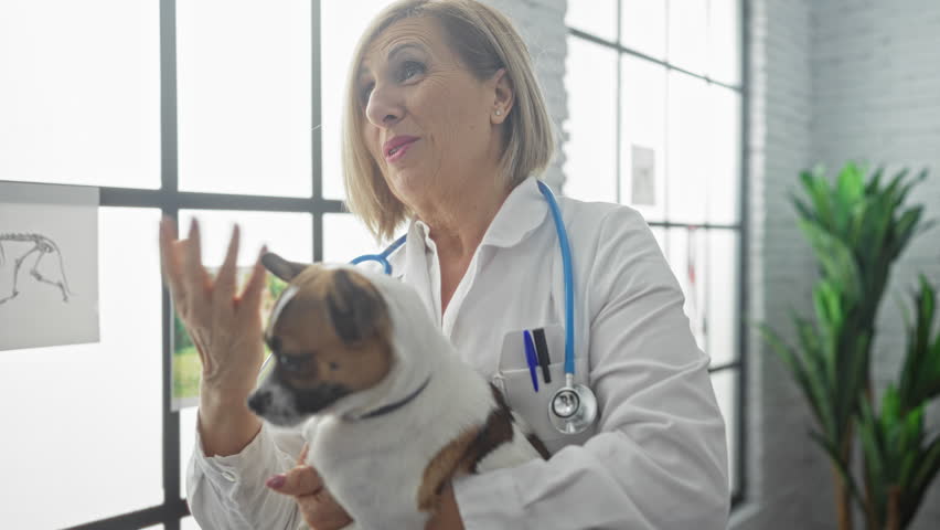 Mature caucasian woman vet in a clinic holding a small dog in an indoor room with medical charts.