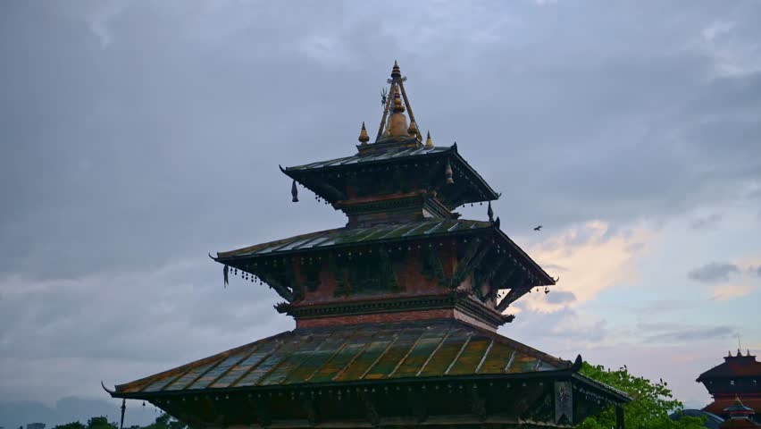 Kathmandu Buildings at Sunset in Nepal, Durbar Square Temple Under Beautiful Dramatic Sunset Sky and Clouds, Old Historic Buildings, a Popular Travel Destination and Tourist Landmark Site