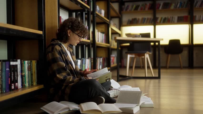 zoom in student girl with curly hair wearing glasses reads a book sitting on the floor among open books in the library - Powered by Shutterstock - Get 15% off with code: PIKWIZARD15