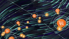 Shopping cart and padlock icons connected by lines, network security animation. Cybersecurity, online shopping, protection, ecommerce, encryption, internet safety - Powered by Shutterstock - Get 15% off with code: PIKWIZARD15