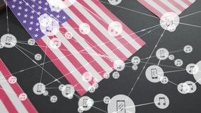 Music and smartphone icons animation over American flags on dark background. Patriotism, technology, digital, USA, celebration, multimedia - Powered by Shutterstock - Get 15% off with code: PIKWIZARD15