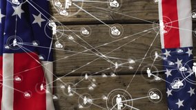 Animating network connections and data processing over wooden background with american flags. technology, networking, animation, connectivity - Powered by Shutterstock - Get 15% off with code: PIKWIZARD15