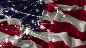 Network of connections and data processing animation over American flag background. Technology, United States, networking, digital, communication - Powered by Shutterstock - Get 15% off with code: PIKWIZARD15