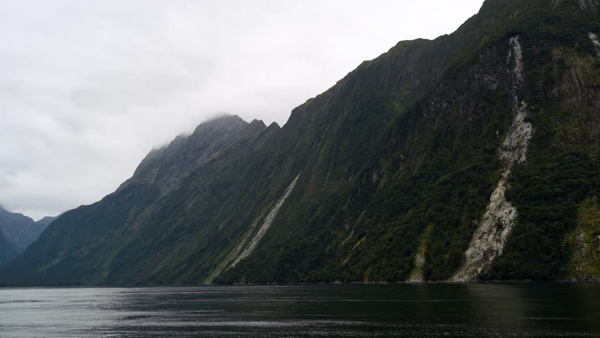 Wide panorama view of the Milford Sound from a cruise in New Zealand