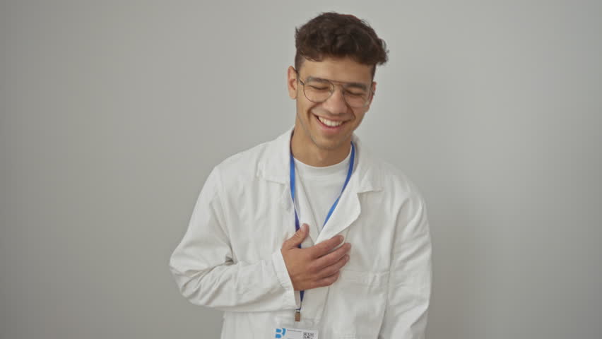 Young hispanic man wearing scientist uniform smiling and laughing hard out loud over isolated white background at a funny joke, joyful image of handsome adult in lab coat