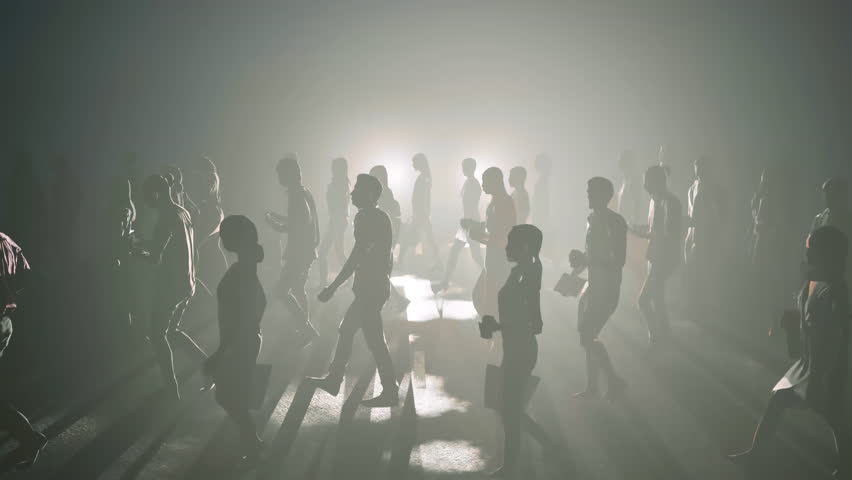 An animation of a mindless commute, coffee-clutching zombies staring at device screens while lost in routine.