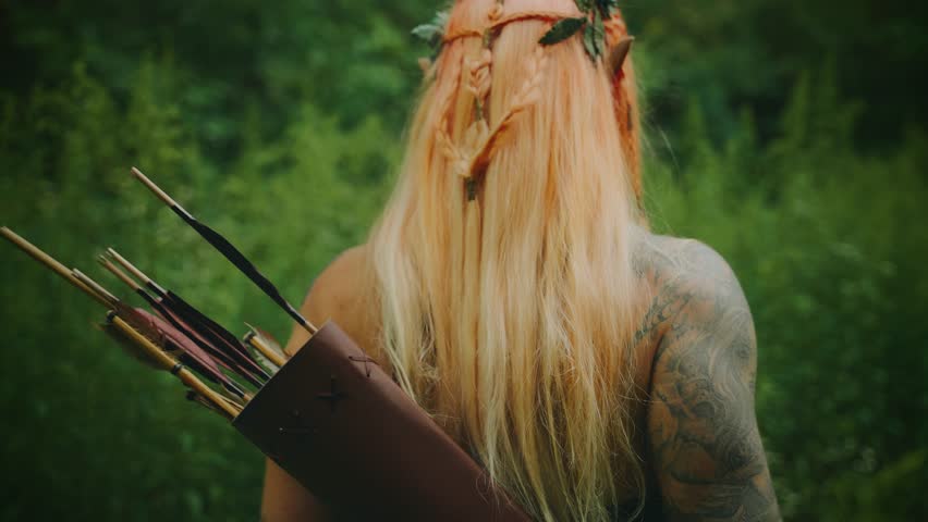 Fantasy strong warrior woman amazon archer walking through high thickets of jungle dense forest, green grass foliage trees tropical plants wild nature. Adult sexy girl hunter back rear view art 4k.