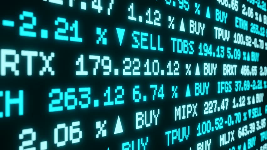 Abstract ticker with stock market prices, percentage changes, buy and sell sign, colored in blue. Business, market research, ticker tape, financial fiigures, exchange concept. 3D animation