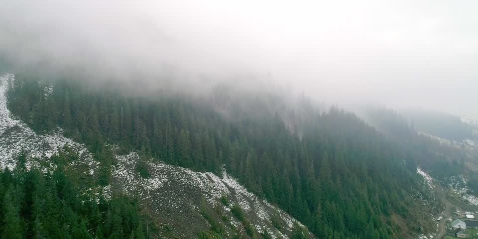 Mountain landscape in fog, aerial misty, weather environment, wood forest fog, hill nature green, landscape tree mountain, tranquil rural atmosphere