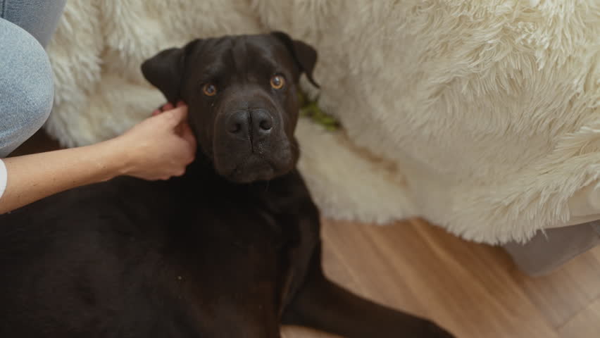 A woman gently pets a black dog resting on a wooden floor, with a fluffy white rug in the background.