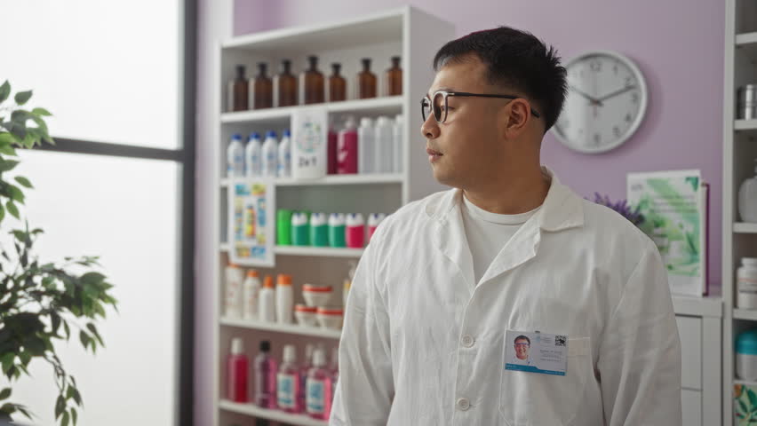 Young asian male pharmacist wearing a white lab coat stands indoors at a pharmacy with shelves of products, including bottles and containers, in the background.