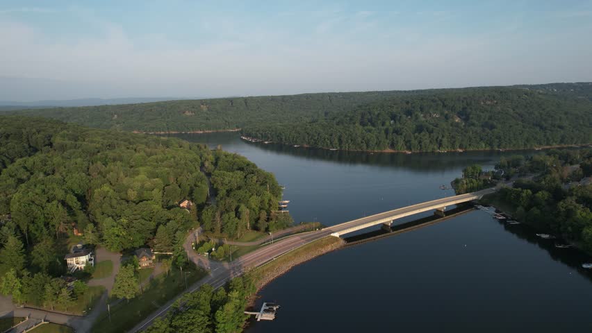 reverse drone descent deep creek lake summer morning maryland