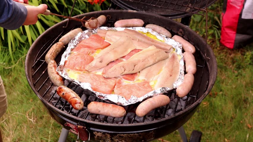 Barbeque BBQ Garden Lawn Party Food Grilling Sizzle Close Up Sausages Fish Hands