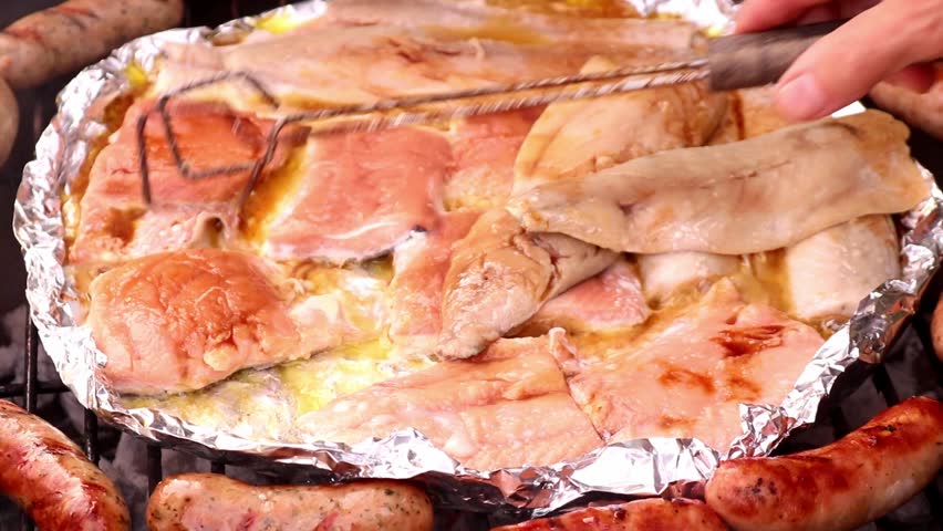 Barbeque BBQ Party Food Grilling Sizzling Sausages Salmon Mackerel Fish Close Up
