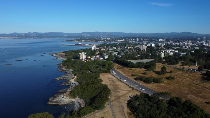 Coast Of Victoria City On Vancouver Island In Canada - Aerial Drone Shot