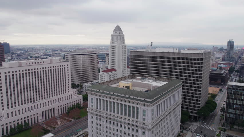 Drone Shot of Los Angeles City Hall, US Courthouse and Hall of Justice Buildings, California USA