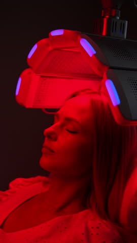 Vertical tracking shot of young woman having non-invasive type of phototherapy in medical clinic during hair treatment. Blonde female lying on chair having LED light hair photodynamic therapy.