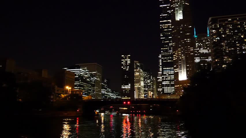 Downtown Chicago, IL, USA filmed sailing down the Chicago River